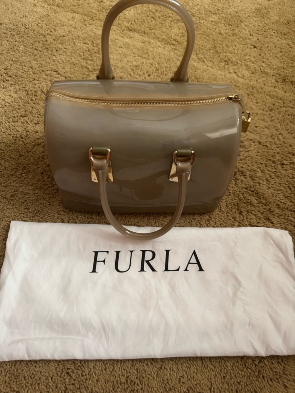 Furla Taupe Patent Dome Satchel with Gold Hardware